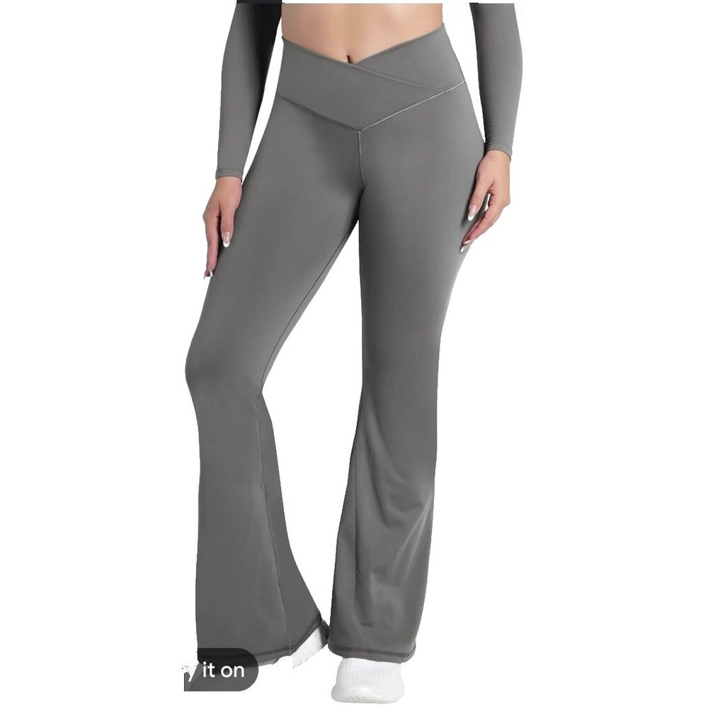 Gray High Waisted Flare Leggings Crossover  Front Waist Yoga Pants Size XL Gym